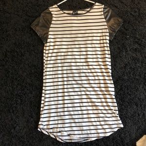 Striped T-Shirt Dress with Pleather Sleeves